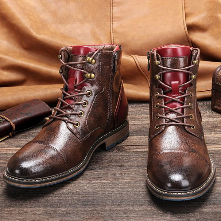 Mens Boots Leather Oxford Cap-Toe Lace-Up Ankle Boots