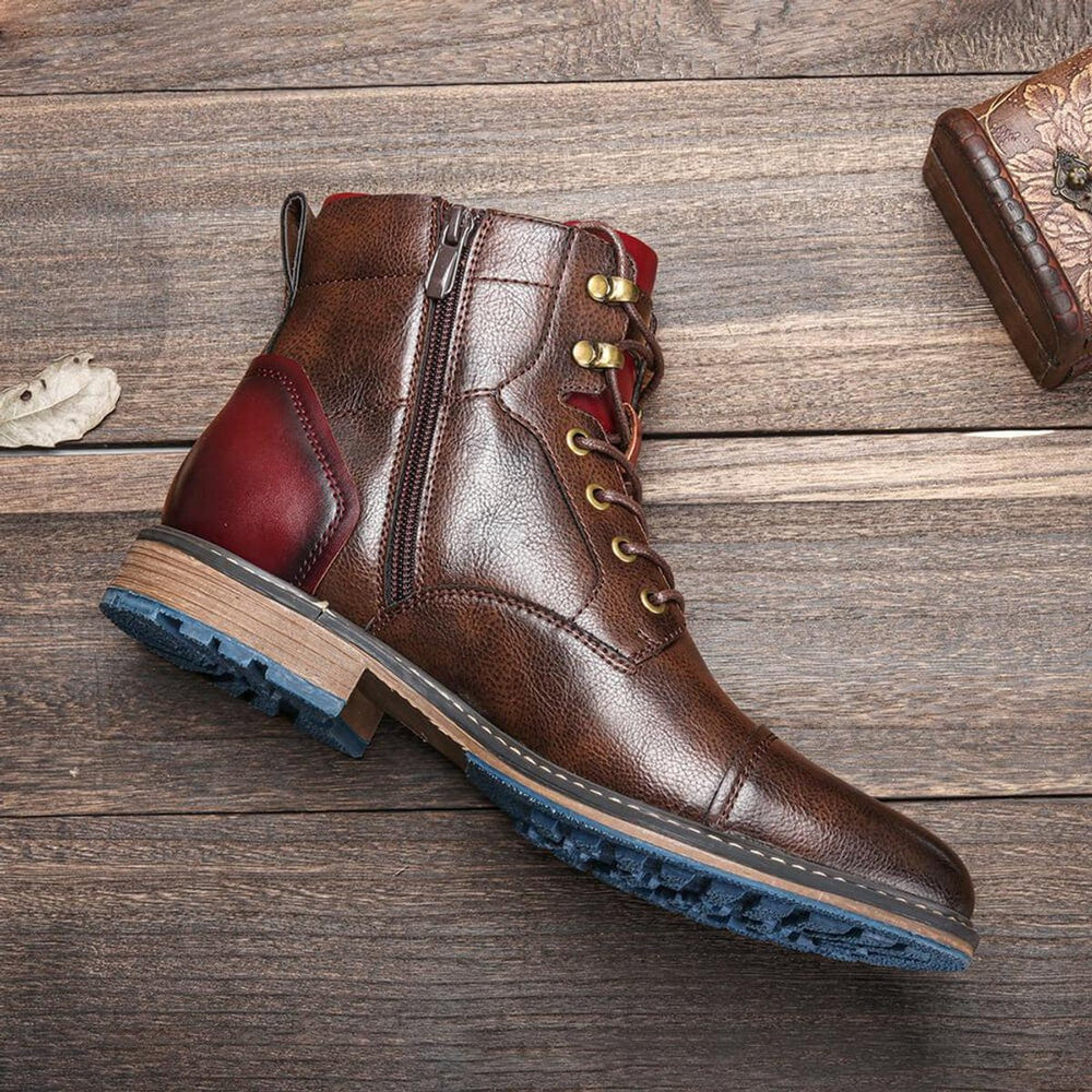 Mens Boots Leather Oxford Cap-Toe Lace-Up Ankle Boots