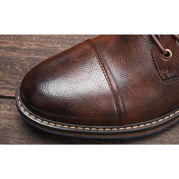 Mens Boots Leather Oxford Cap-Toe Lace-Up Ankle Boots