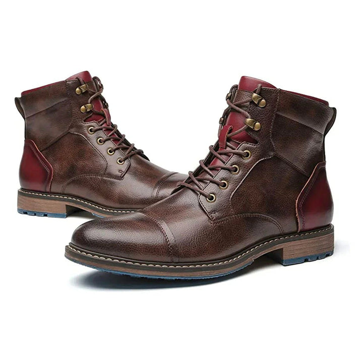 Mens Boots Leather Oxford Cap-Toe Lace-Up Ankle Boots