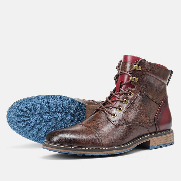Mens Boots Leather Oxford Cap-Toe Lace-Up Ankle Boots