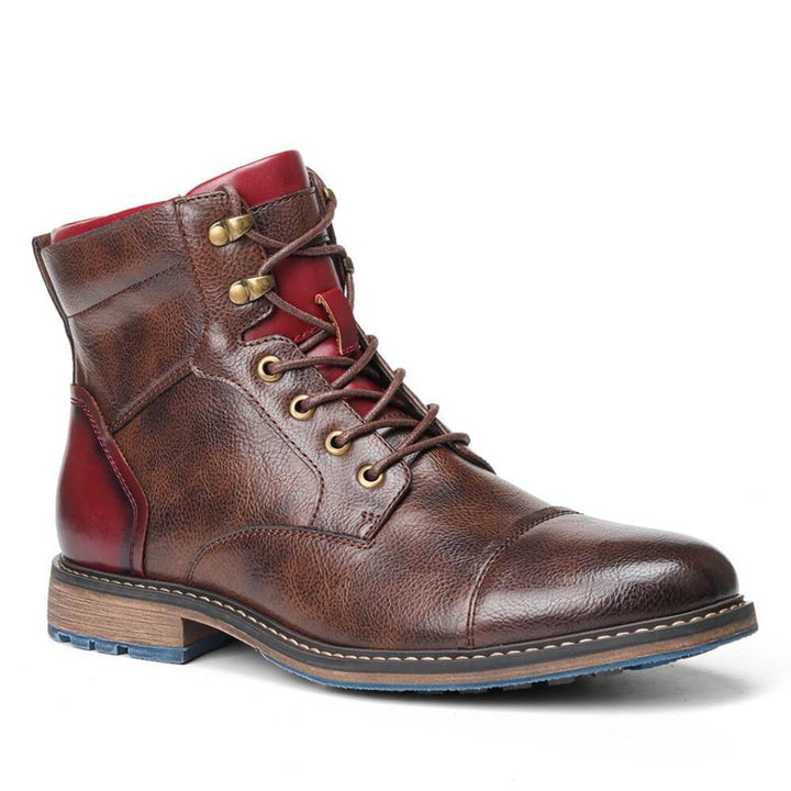 Mens Boots Leather Oxford Cap-Toe Lace-Up Ankle Boots