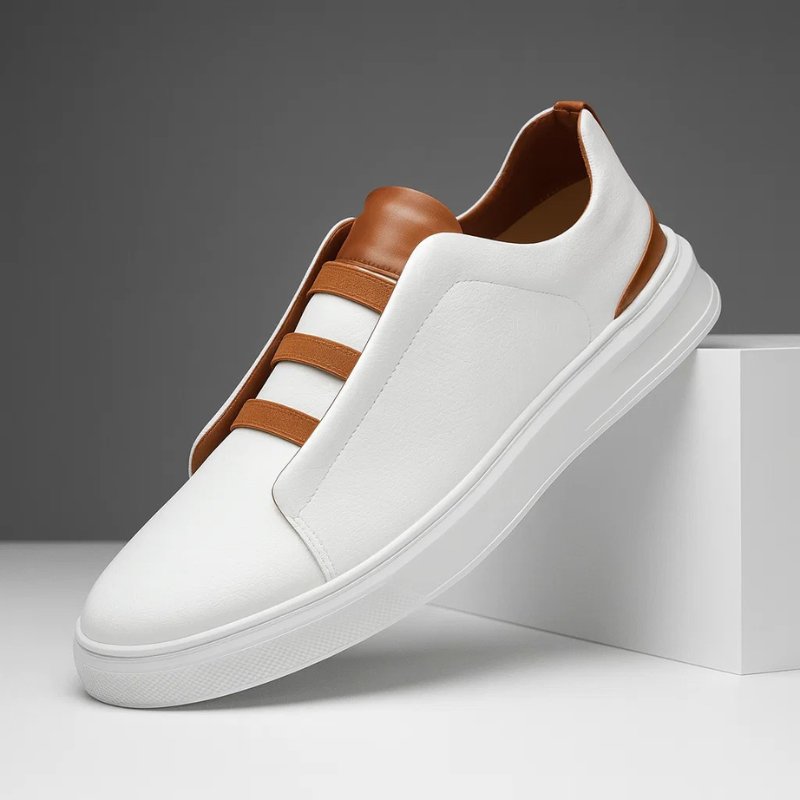 Men's Leather Slip-On Sneakers Elastic Strap Casual - White