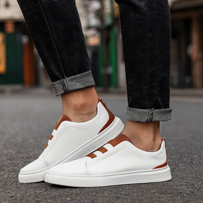 Men's Leather Slip-On Sneakers Elastic Strap Casual