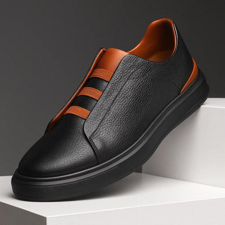 Men's Leather Slip-On Sneakers Elastic Strap Casual - Black Brown