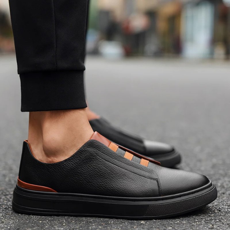 Men's Leather Slip-On Sneakers Elastic Strap Casual