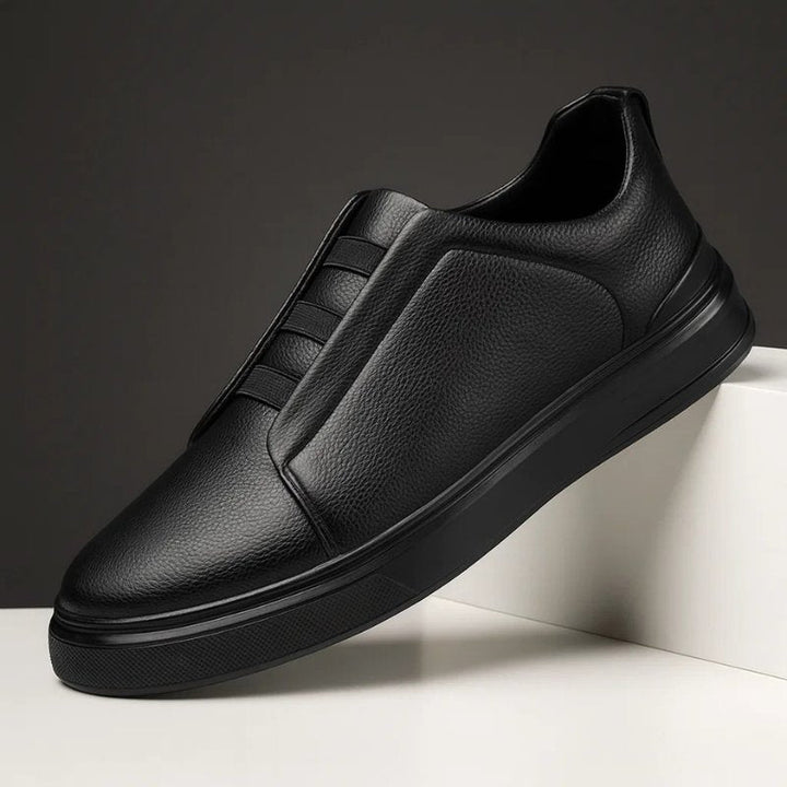 Men's Leather Slip-On Sneakers Elastic Strap Casual - Black