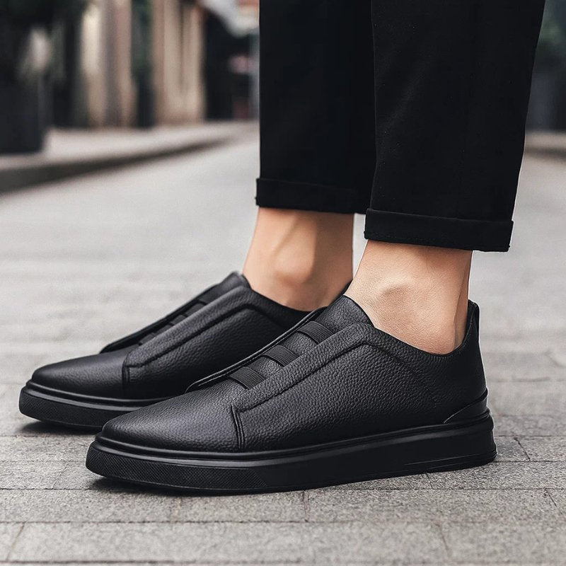 Men's Leather Slip-On Sneakers Elastic Strap Casual