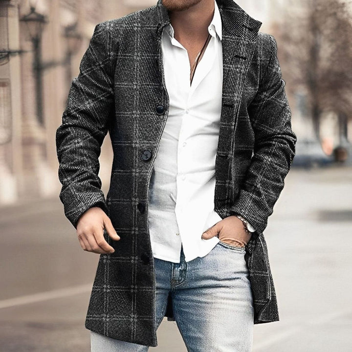 Men's Long Single-Breasted Button Up Coat Tailored Overcoat - Black