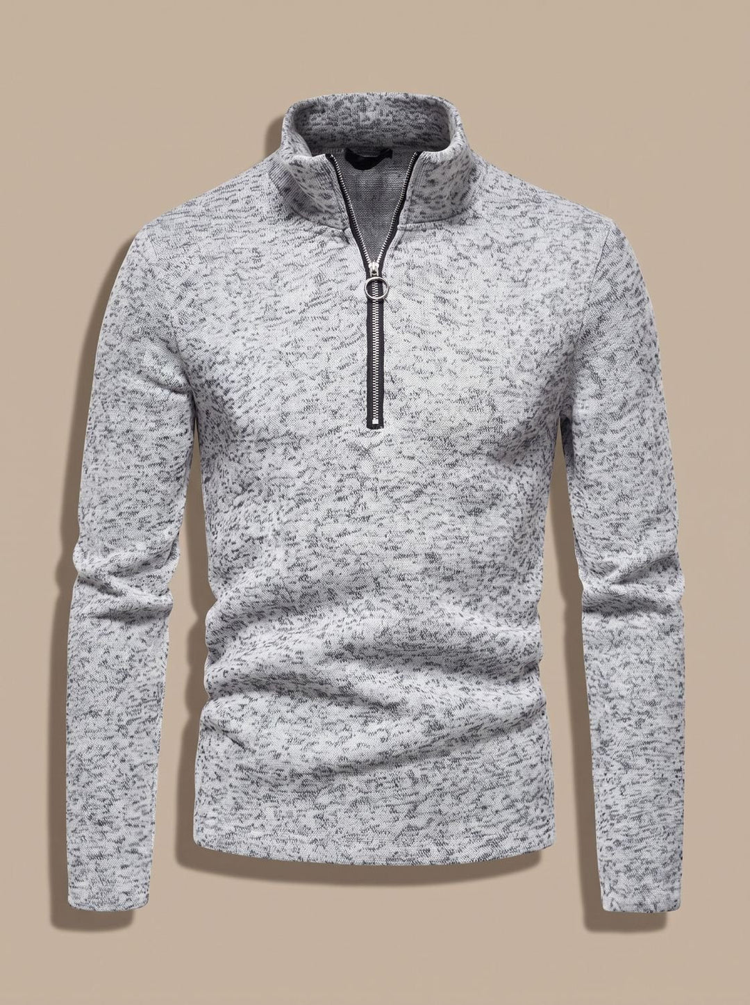 Men's Quarter-Zip Fine Knit Pullover Sweater Stand Collar Regular Fit - Light Gray