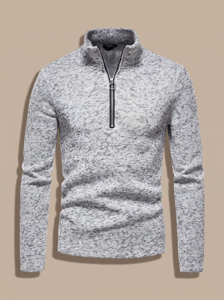 Men's Quarter-Zip Fine Knit Pullover Sweater Stand Collar Regular Fit - Light Gray