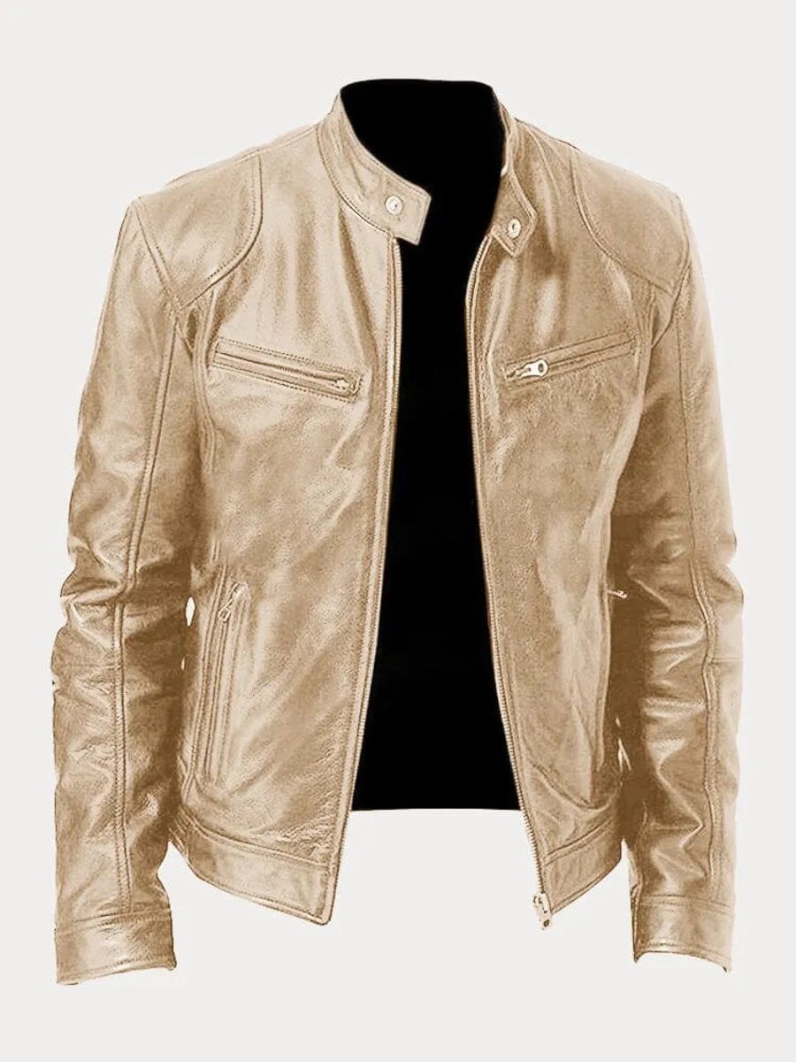 Mens Quilted Jacket Slim-Fit Biker Faux Leather Zip-Up - Gold