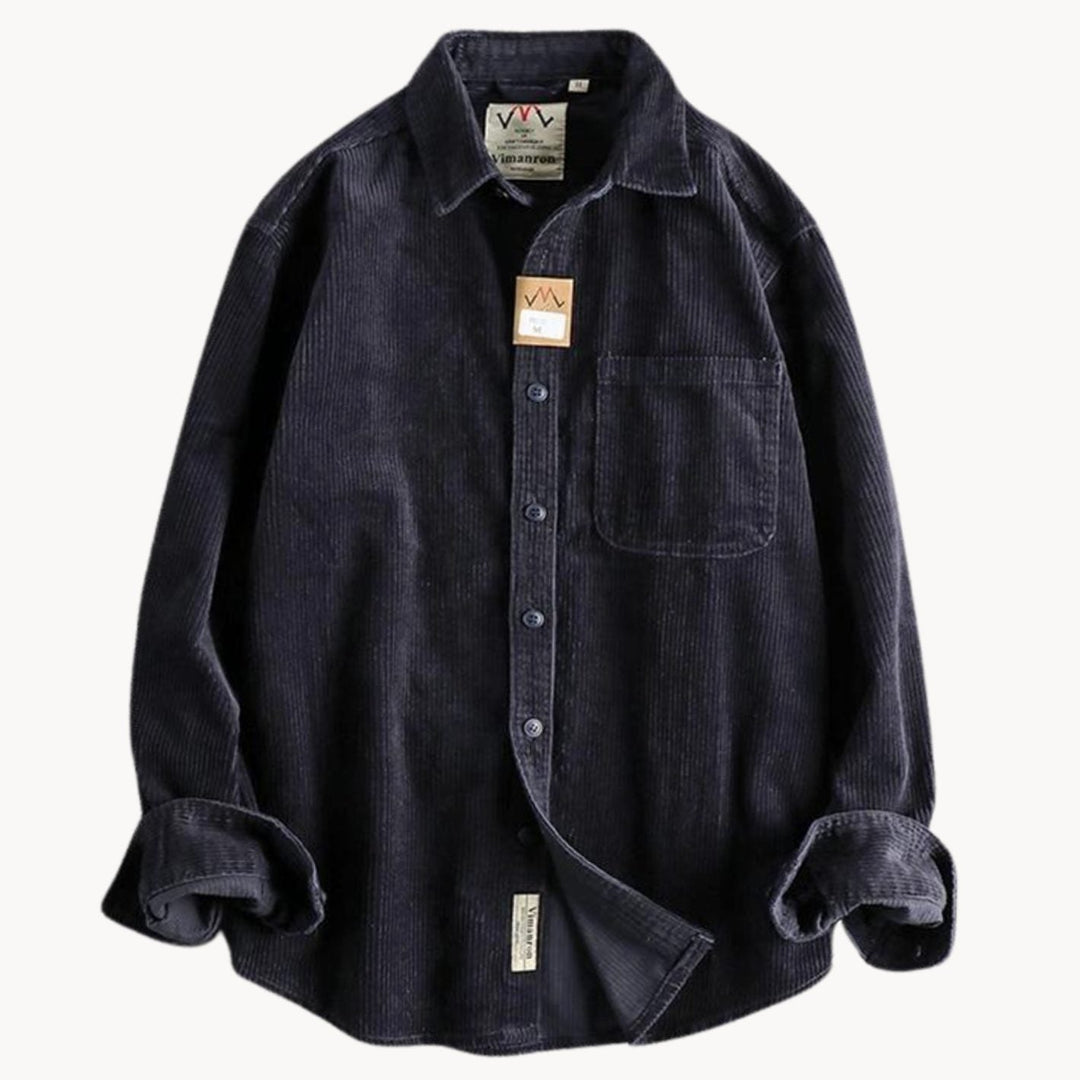 Men's Relaxed-Fit Corduroy Long Sleeve Shirt Chest Pocket - Navy Blue