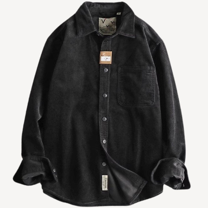 Men's Relaxed-Fit Corduroy Long Sleeve Shirt Chest Pocket - Black