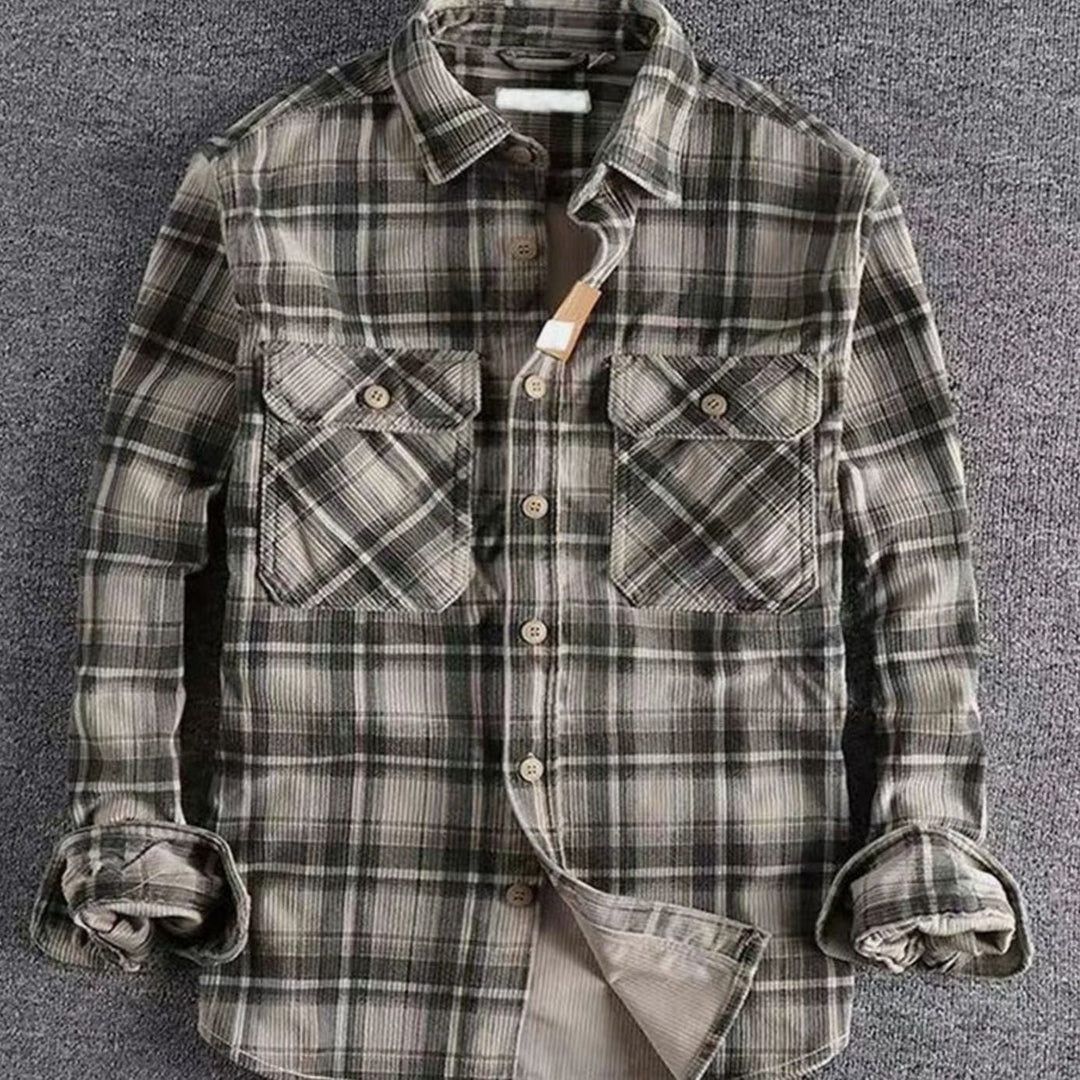 Men's Relaxed-Fit Plaid Corduroy Flannel Shirt Double Chest Pocket - Dark Grey
