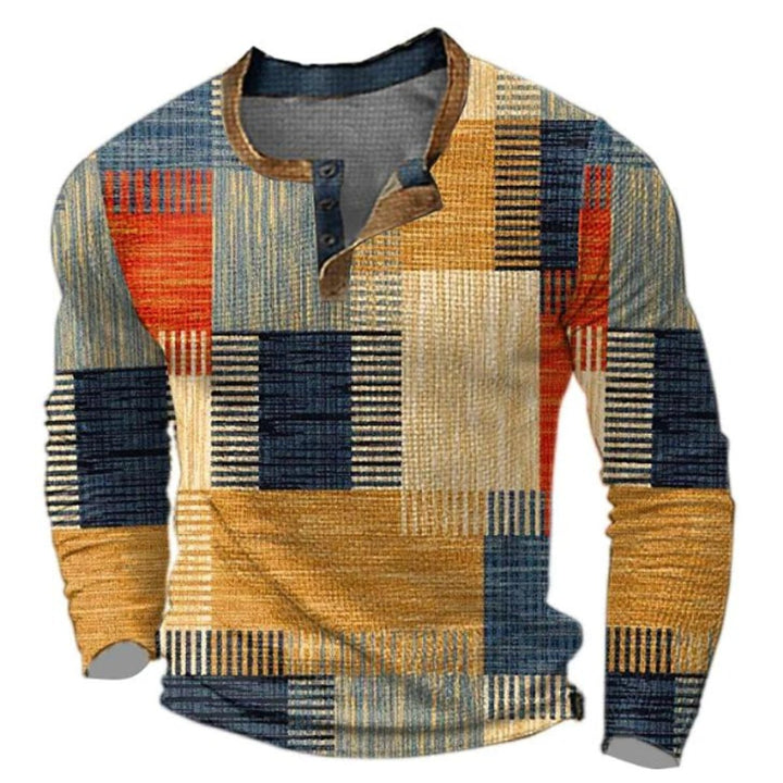 Men's Retro Colour Block Long Sleeve Henley Knit Sweater - Orange