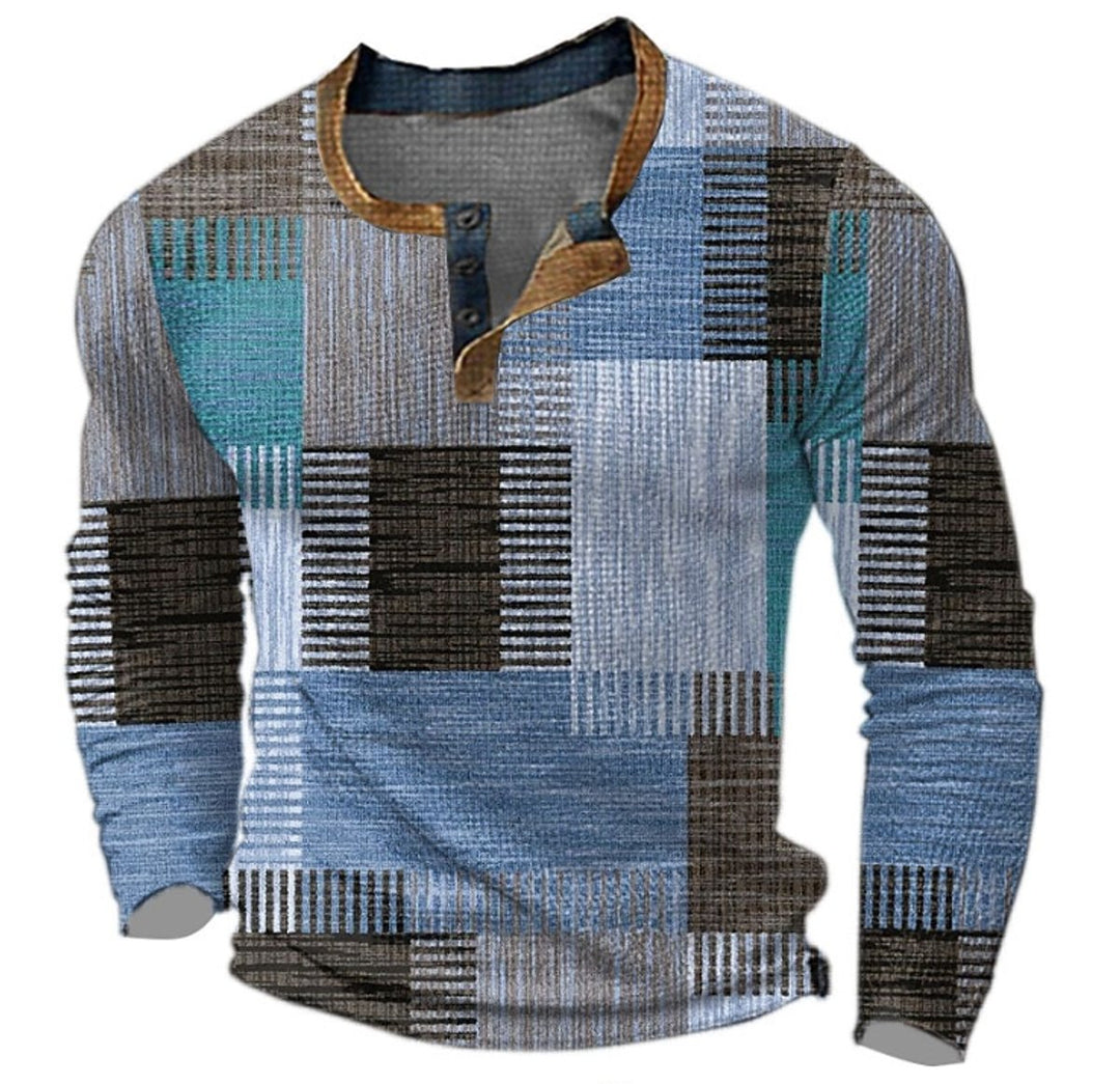 Men's Retro Colour Block Long Sleeve Henley Knit Sweater - Blue