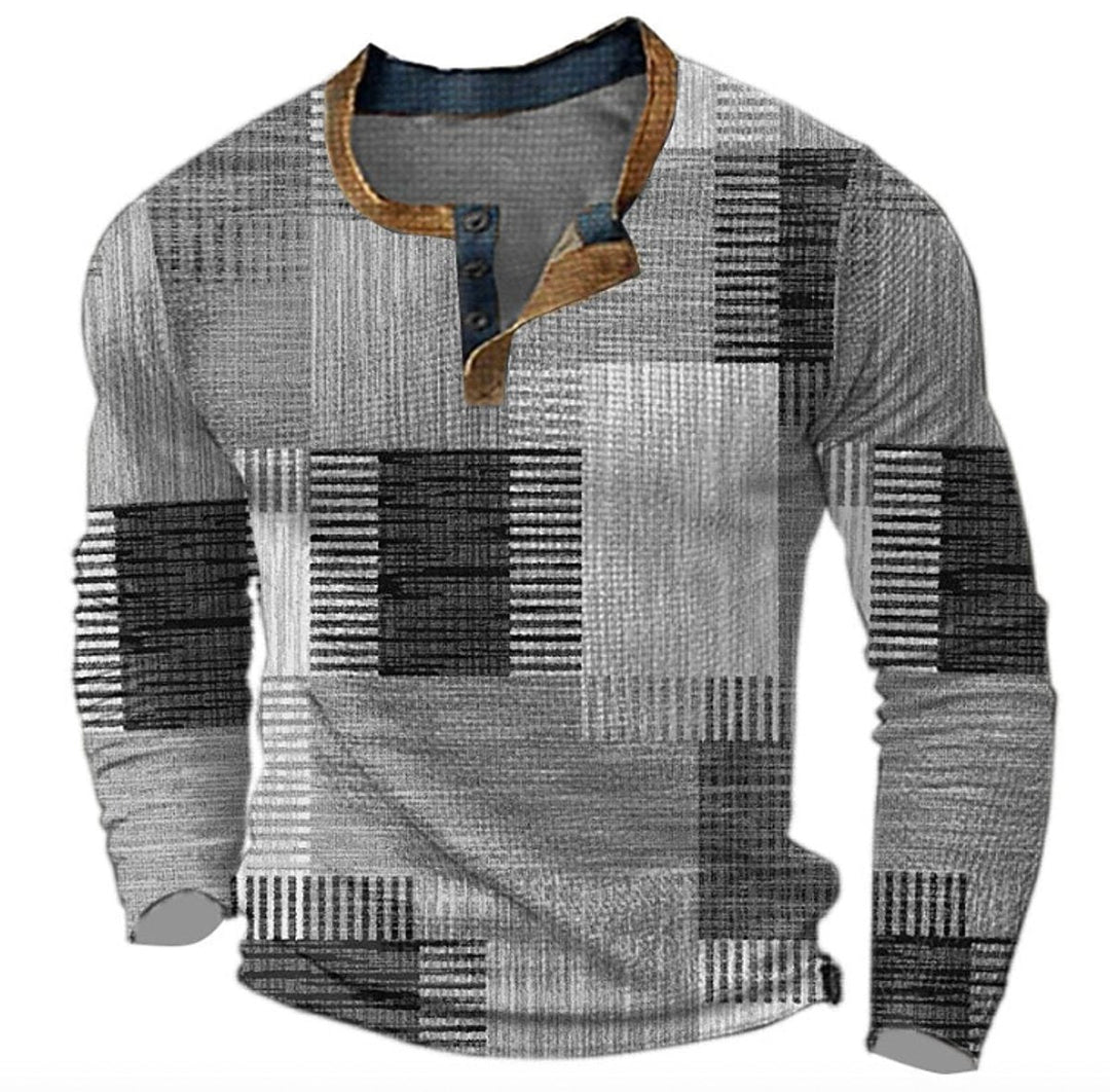 Men's Retro Colour Block Long Sleeve Henley Knit Sweater - Grey