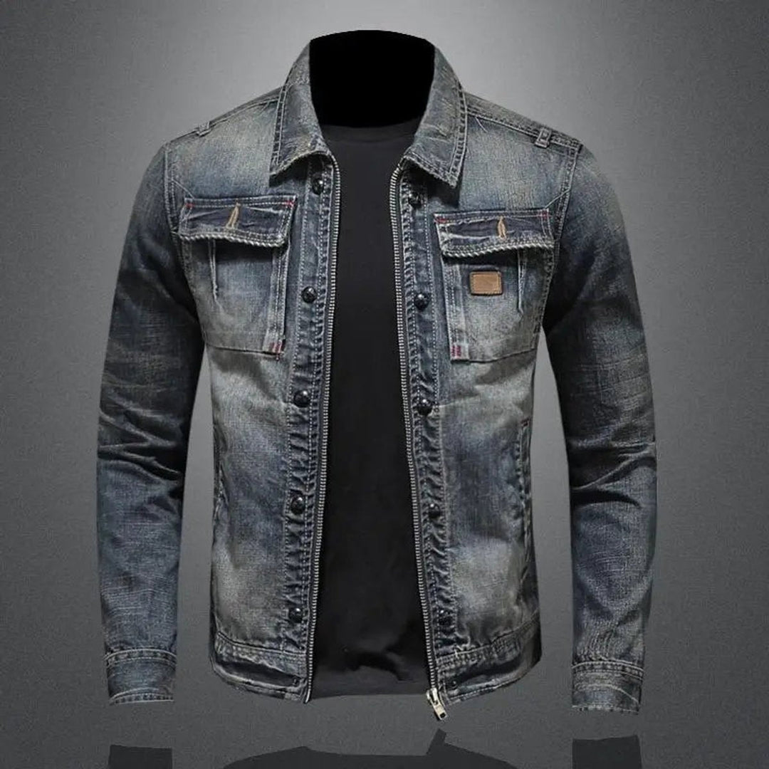 Men's Retro Vintage Washed Denim Jacket Zip-Up Outerwear