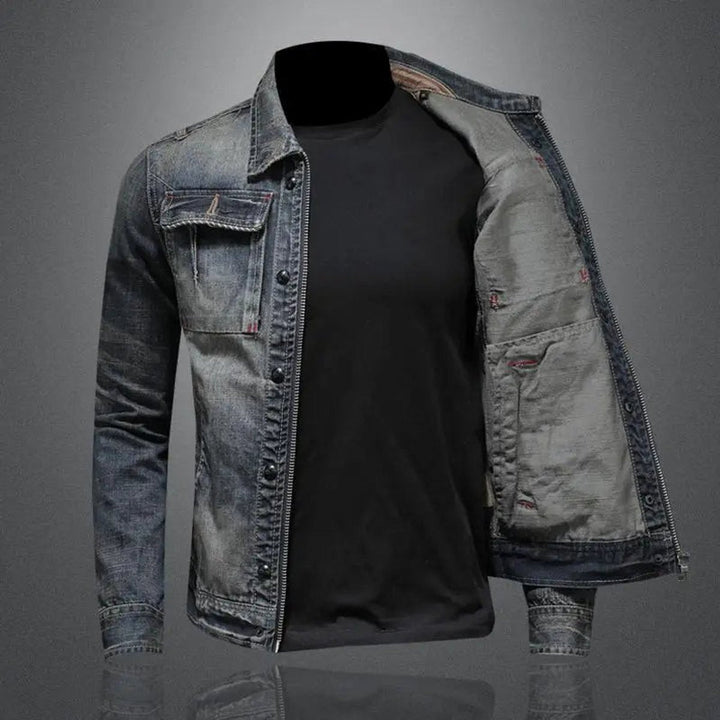 Men's Retro Vintage Washed Denim Jacket Zip-Up Outerwear