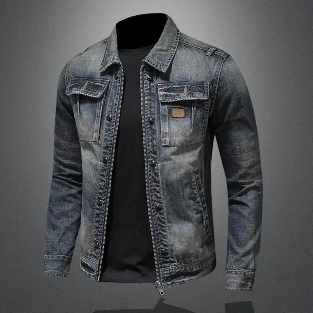 Men's Retro Vintage Washed Denim Jacket Zip-Up Outerwear