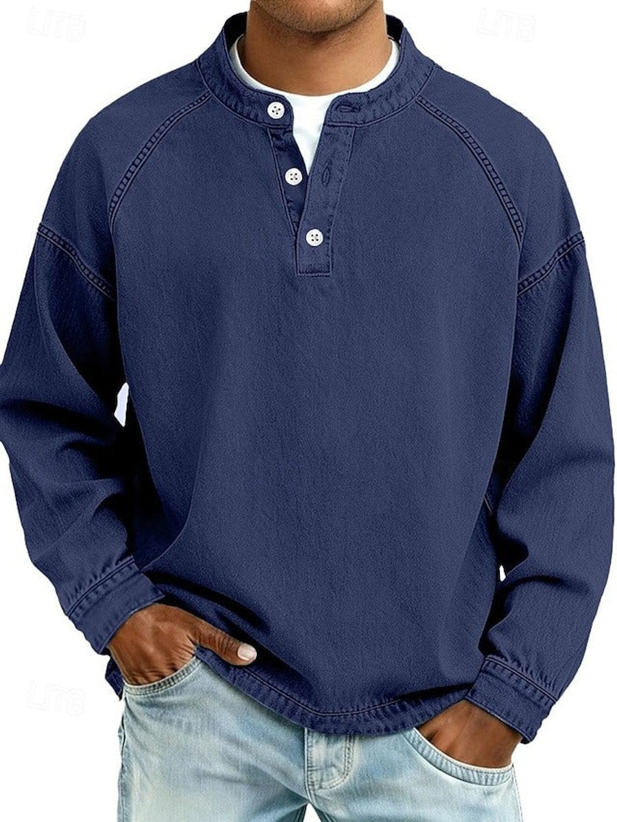 Men's Retro Washed Henley Long-Sleeve Knit Sweater Pullover - Royal Blue