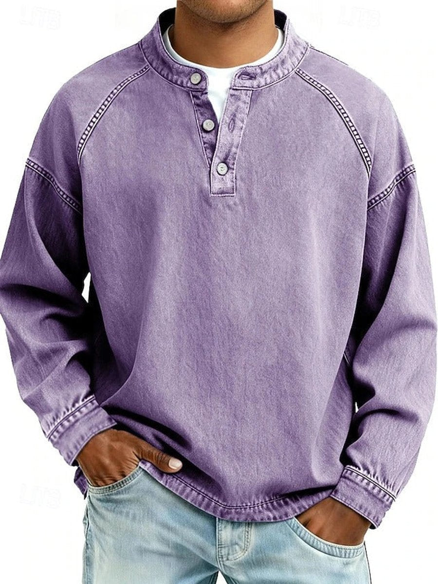 Men's Retro Washed Henley Long-Sleeve Knit Sweater Pullover - Purple