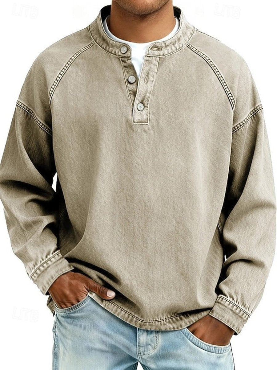 Men's Retro Washed Henley Long-Sleeve Knit Sweater Pullover - Khaki