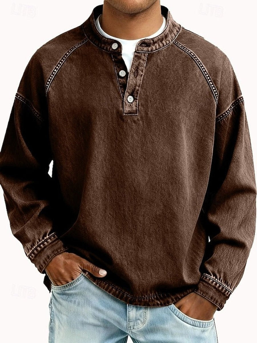 Men's Retro Washed Henley Long-Sleeve Knit Sweater Pullover - Brown