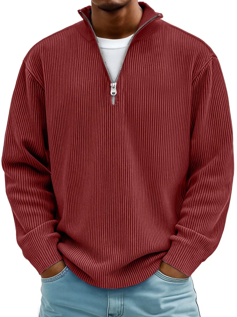 Men's Ribbed Knit Sweater Quarter-Zip Mock Neck Jumper - Red