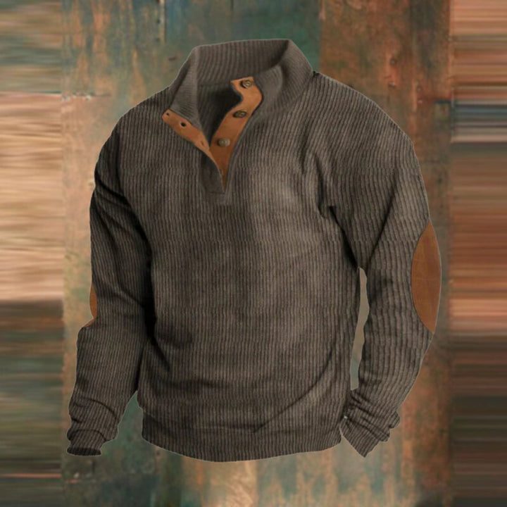 Men's Ribbed Knit Sweater Quarter-Zip Suede Elbow Patch Pullover - Brown