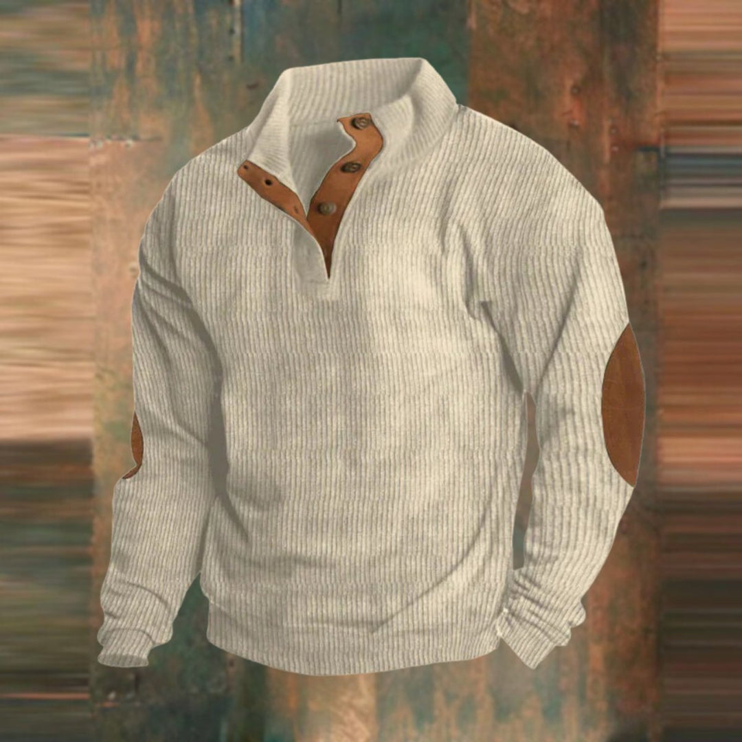 Men's Ribbed Knit Sweater Quarter-Zip Suede Elbow Patch Pullover - Beige