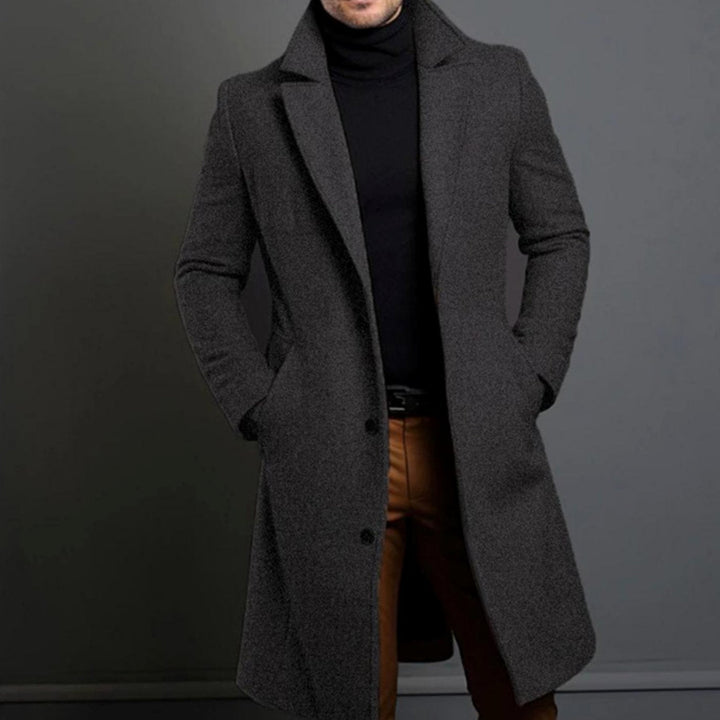 Men's Slim-Fit Long Wool Coat Tailored Overcoat - Grey