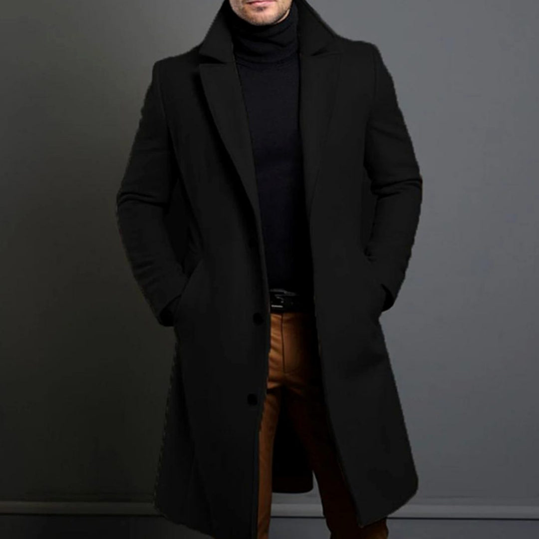 Men's Slim-Fit Long Wool Coat Tailored Overcoat - Black