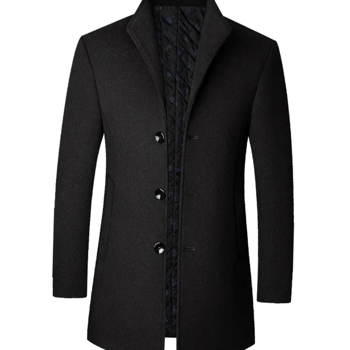 Men's Tailored Single-Breasted Wool-Look Long Overcoat - Black