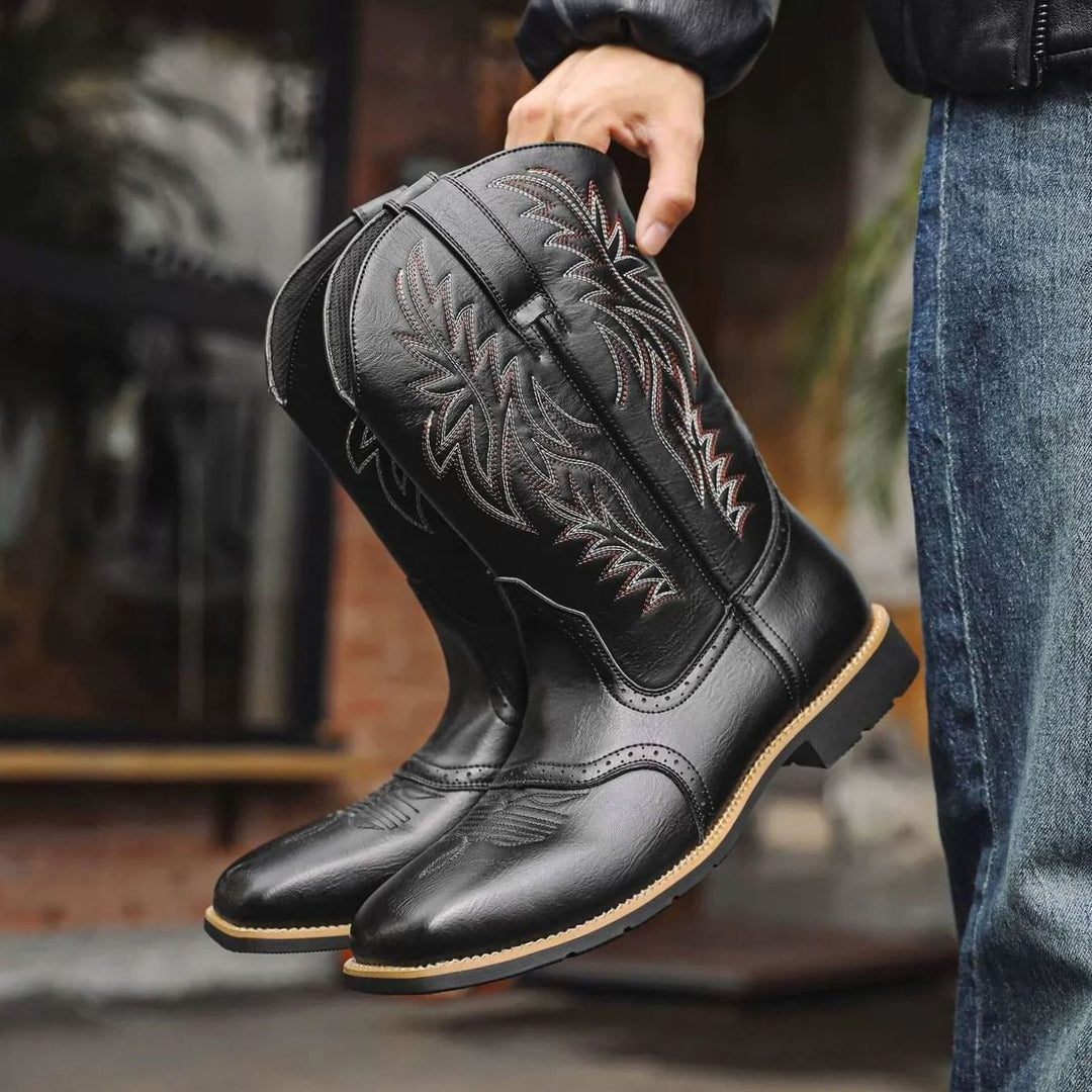 Men's Western Embroidered Leather Cowboy Boots Square Toe - Black