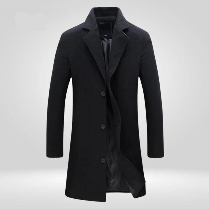 Mens Wool Coat Single-Breasted Long Overcoat - Black
