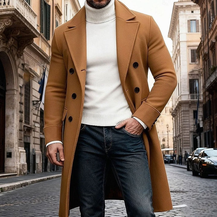 Men's Wool Double-Breasted Long Overcoat Tailored Fit
