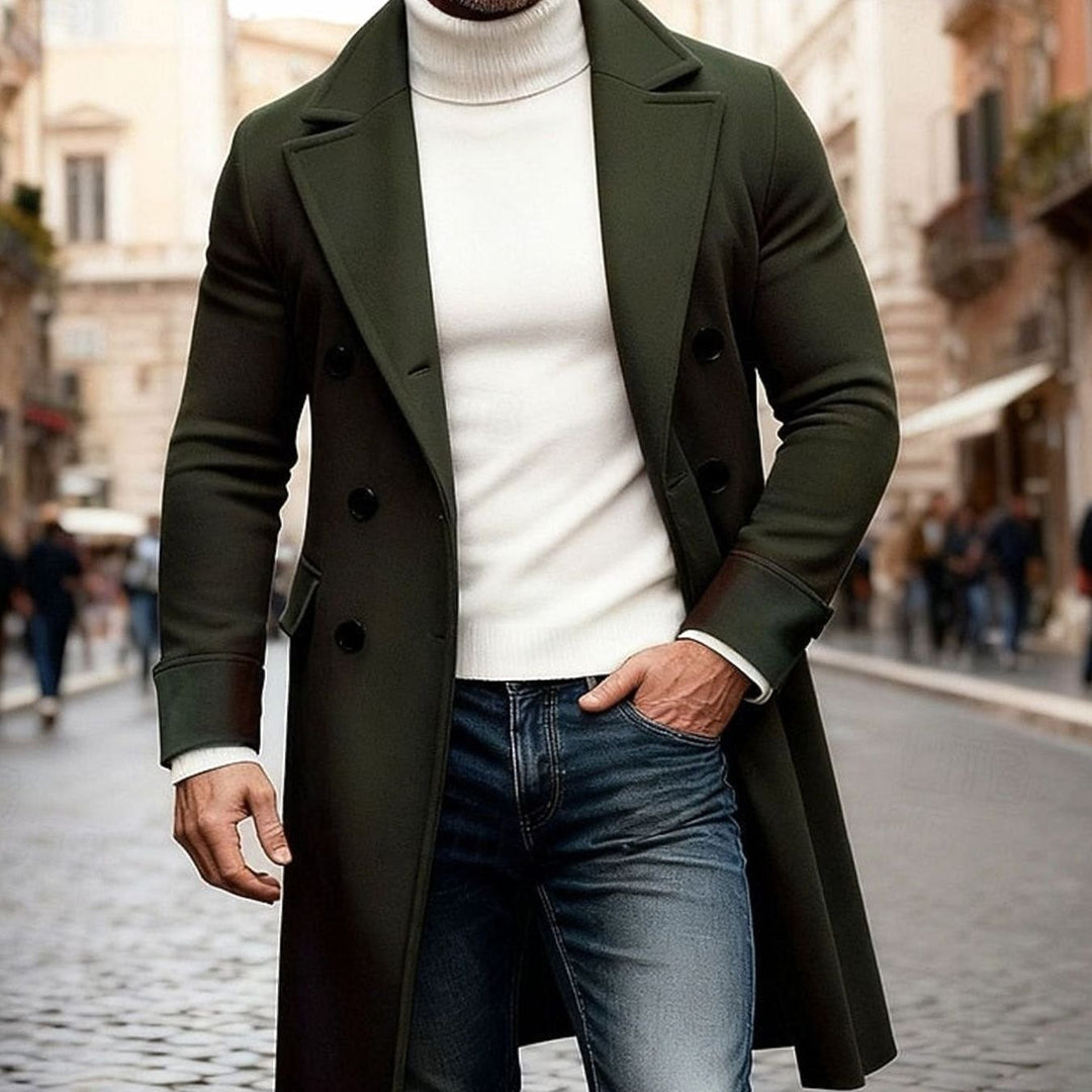 Men's Wool Double-Breasted Long Overcoat Tailored Fit - Army Green