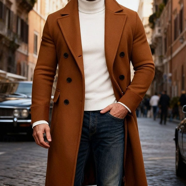 Men's Wool Double-Breasted Long Overcoat Tailored Fit - Brown