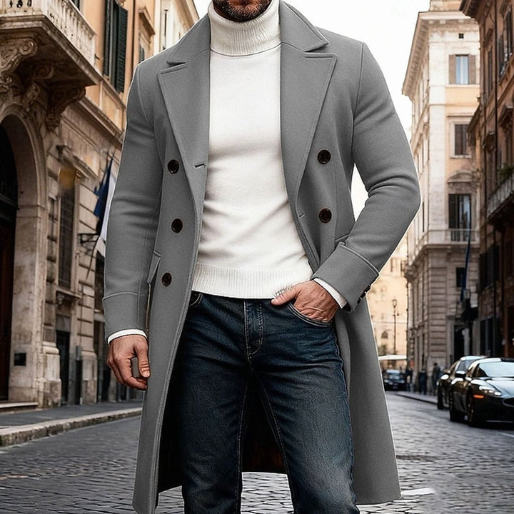Men's Wool Double-Breasted Long Overcoat Tailored Fit - Gray