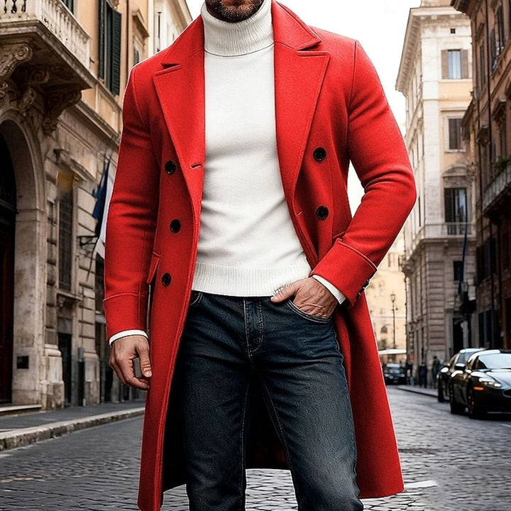 Men's Wool Double-Breasted Long Overcoat Tailored Fit - Red