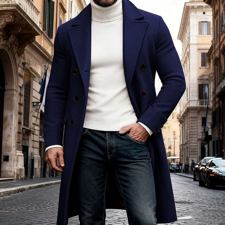 Men's Wool Double-Breasted Long Overcoat Tailored Fit - Navy Blue
