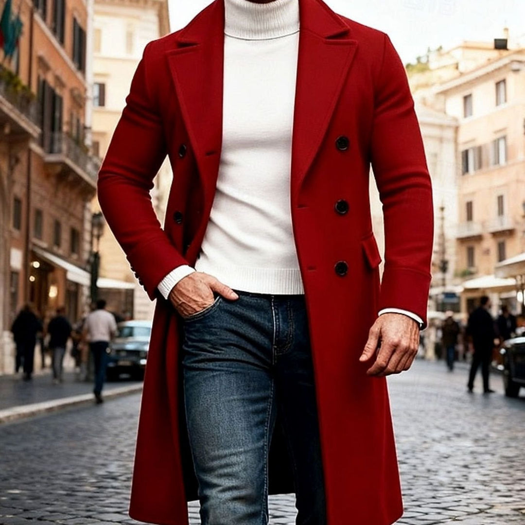 Men's Wool Double-Breasted Long Overcoat Tailored Fit - Wine Red