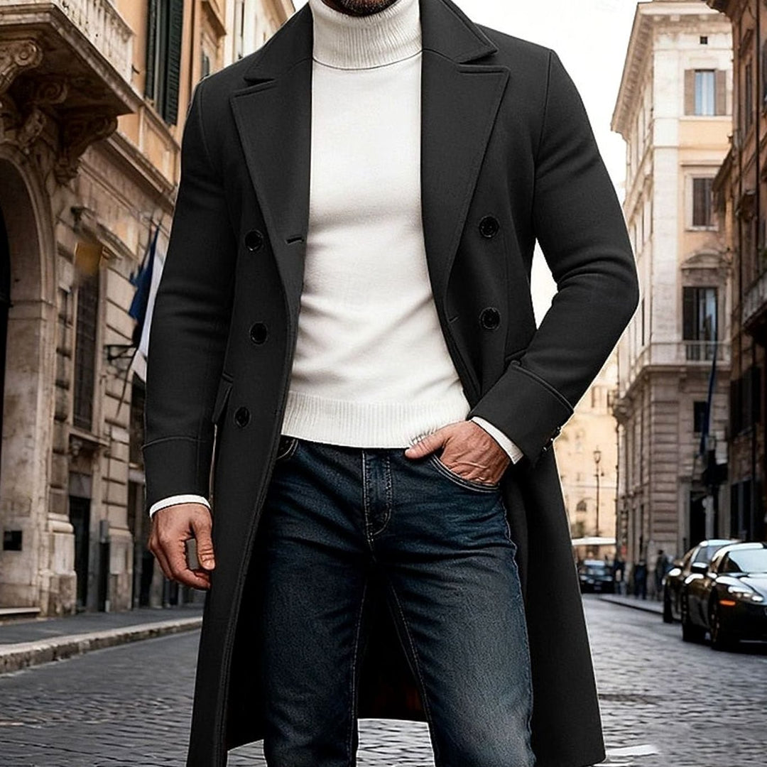 Men's Wool Double-Breasted Long Overcoat Tailored Fit