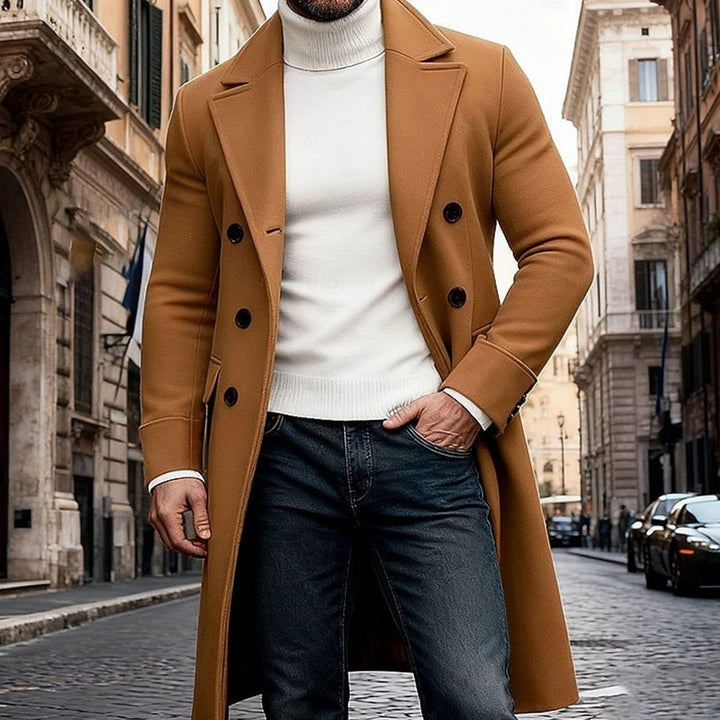 Men's Wool Double-Breasted Long Overcoat Tailored Fit - Khaki