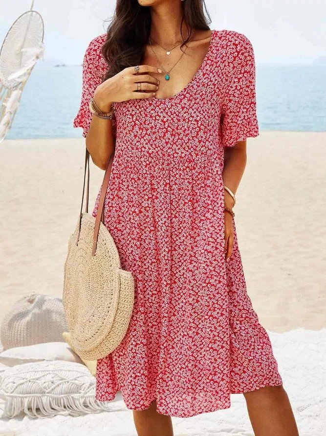Nanna | Dame Blomsterprint Midi Sommerkjole Med Flutter Ærmer