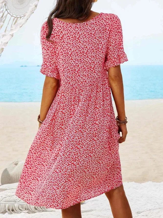 Nanna | Dame Blomsterprint Midi Sommerkjole Med Flutter Ærmer