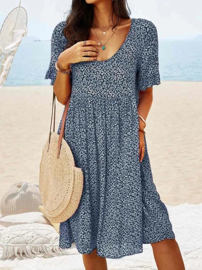 Nanna | Dame Blomsterprint Midi Sommerkjole Med Flutter Ærmer