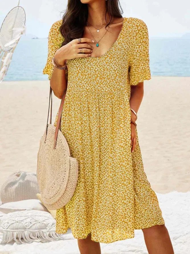 Nanna | Dame Blomsterprint Midi Sommerkjole Med Flutter Ærmer